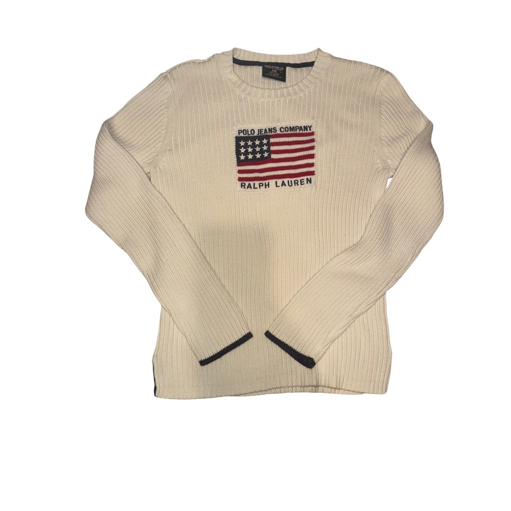 Vtg Y2K Polo Jeans Co Ralph Lauren American Flag Ribbed Knit Sweater Cream XL